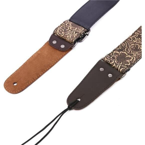 Leather Guitar Strap Vintage Western Adjustable Electric Bass Bronze PU Ends - Picture 4 of 8